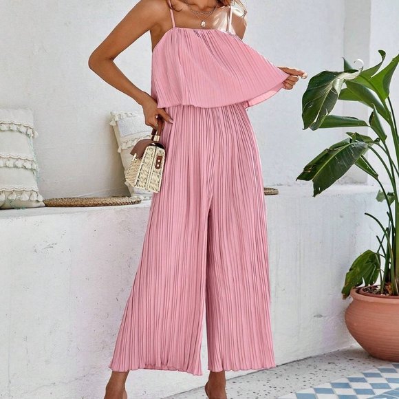 . Pants - Pink Preppy Womens Solid Pleated Cami Jumpsuit